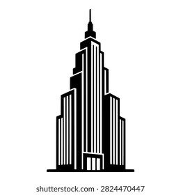 Art Deco Skyscraper with Spire and Setback Tiers, Black Silhouette for Real Estate and City Branding