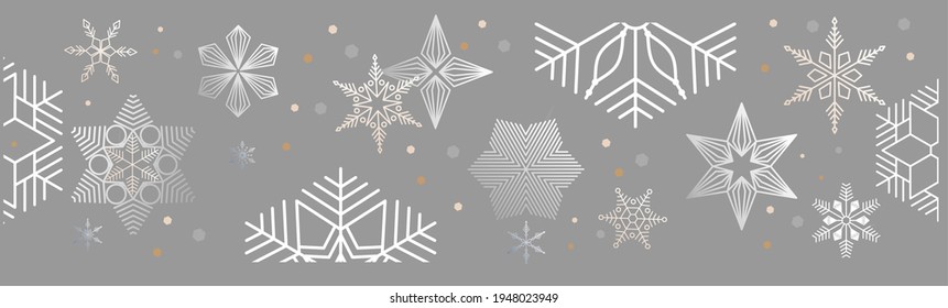 Art deco snowflakes header. Decorative snow falling ornament, white and gray vector isolated snowflakes