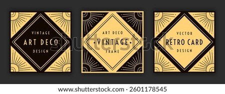 Art Deco square cards geometry collection. Vintage style frame set. Linear borders design with radiant corners. Retro geometric decoration. Black and yellowish colored EPS 10 vector backgrounds.