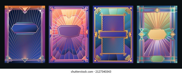 Art Deco Stained Glass Windows Style Backgrounds, Copper Decorative Frames, Colorful Gradient Mosaic 