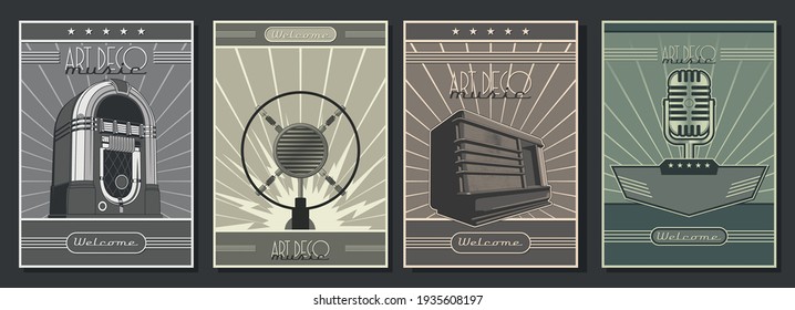 Art Deco Style 1920s - 1940s Musical Posters Template Set, Retro Radio, Microphones, Jukebox