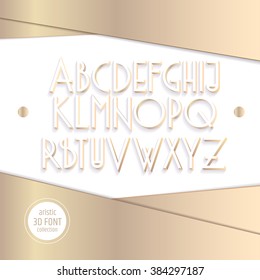 Art deco style 3d isometric letters alphabet. Shiny white uppercase letters with golden sides, serif sans font. Stock vector typography for headlines, posters etc.