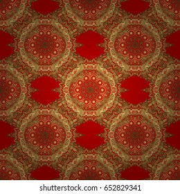 Art deco style. Abstract geometric modern background. Shiny backdrop. Texture of gold foil. Polka dots, confetti. Red and gold seamless pattern. Vector illustration.