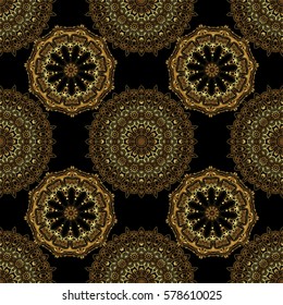 Art deco style. Black and gold seamless pattern. Shiny backdrop. Polka dots, confetti. Abstract geometric modern background. Vector illustration. Texture of gold foil.