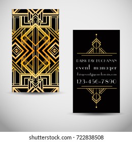 Art deco style business card template. Abstract  vintage patterns and design elements. Retro party geometric background set (1920's style). Vector illustration.
Sample Text.