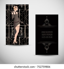 Art deco style business card. Sample Text. Abstract vintage patterns and flapper girl. Retro party geometric background set (1920's style). Vector illustration for glamour party, thematic wedding. 