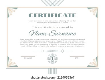 Art Deco style certificate . White blank with geometric ornamental frame. Business modern design. Vector illustration