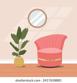 Art Deco style chair, house plant and mirror. Vector flat style cartoon illustration