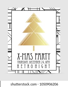 Art deco style Christmas greeting card template. Abstract vintage patterns and design elements. Retro party geometric background set (1920's style). Vector illustration for glamour party, wedding.