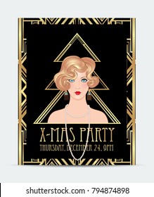 Art deco style Christmas greeting card template. Abstract vintage patterns and design elements. Retro party geometric background set (1920's style). Vector illustration for glamour party, wedding. 