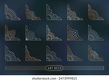 Art Deco style corner set. Geometric outline decorations on the dark grey blue marble textured background. Linear gold, silver, copper-coloured elements. EPS 10 design vector illustration.
