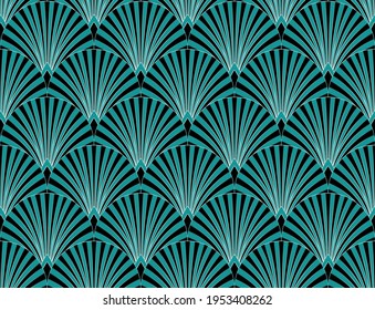 Art Deco Style Decorative Pattern With Green Fan Shaped Motifs. Vintage Art Deco Repeat Patten Design Witch Arched Black And Green Stripes