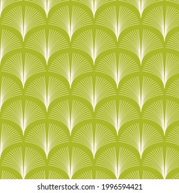 Art Deco Style Design With Stylized Palm Leaf Fan Motif In A Half Drop Patten Repeat. Elegant Vintage Vector Seamless Repeat Pattern For Wallpaper, Textile, Home Décor, Interior Design. 