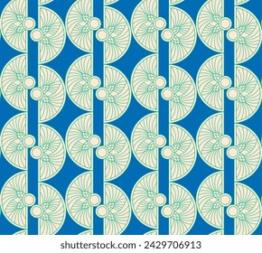 Art Deco style fan motifs in vertical repeat. Blue background and green line work seamless vector design.