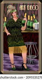 Chica xxl flapper de estilo Art Déco con champán. ilustración vectorial