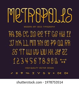 Art deco style font. Line art elegant alphabet design. Vintage long letters and numeric. Vector typeface.