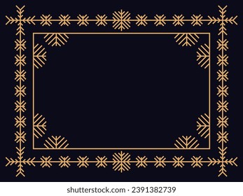Art deco style frame with snowflakes. Winter vintage linear border with snowflake in line art style. Christmas frame design a template for invitations, leaflets and greeting cards. Vector illustration