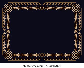Art deco style frame with snowflakes. Winter vintage linear border with snowflake in line art style. Christmas frame design a template for invitations, leaflets and greeting cards. Vector illustration