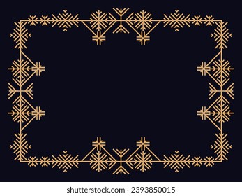 Art deco style frame with snowflakes. Winter vintage linear border with snowflake in line art style. Christmas frame design a template for invitations, leaflets and greeting cards. Vector illustration