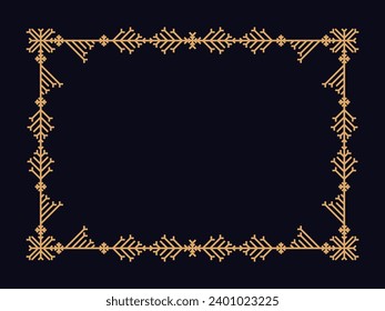 Art deco style frame with snowflakes. Winter vintage linear border with snowflake in line art style. Christmas frame design a template for invitations, leaflets and greeting cards. Vector illustration