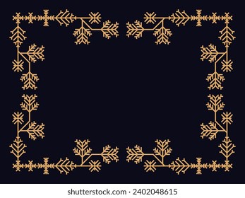 Art deco style frame with snowflakes. Winter vintage linear border with snowflake in line art style. Christmas frame design a template for invitations, leaflets and greeting cards. Vector illustration