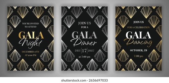 Art deco style gala night, dinner, dancing invitation set. Gold and silver geometric linear signs on the black background. EPS 10 vintage cards with diamond-shaped frames.