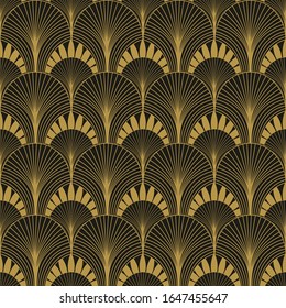 Art Deco style geometric pattern in gold colour on black background. Seamless vector pattern.