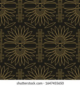 Art Deco style geometric pattern in gold colour on black background. Seamless vector pattern.