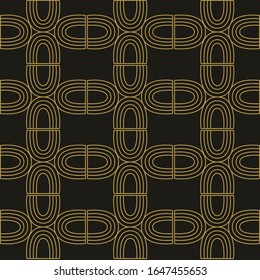 Art Deco style geometric pattern in gold colour on black background. Seamless vector pattern.