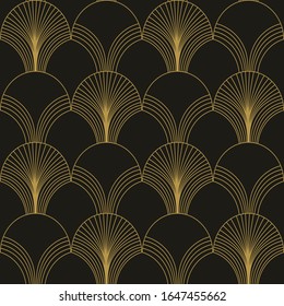 Art Deco style geometric pattern in gold colour on black background. Seamless vector pattern.