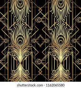 Art deco style geometric seamless pattern in black and gold. Vector illustration. Roaring 1920's design. Jazz era inspired . 20's. Vintage Fabric, textile, wrapping paper, wallpaper. Retro hand drawn.