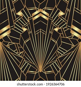 Art deco style geometric seamless pattern in black and gold. Vector illustration. Roaring 1920 s design. Jazz era inspired . 20 s. Vintage Fabric, textile, wrapping paper, wallpaper. 