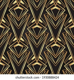 Art deco style geometric seamless pattern in black and gold. Vector illustration. Roaring 1920 s design. Jazz era inspired . 20 s. Vintage Fabric, textile, wrapping paper, wallpaper. 