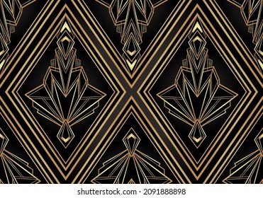 Art deco style geometric seamless pattern in black and gold. Vector illustration. Roaring 1920 s design. Jazz era inspired . 20 s. Vintage Fabric, textile, wrapping paper, wallpaper. 