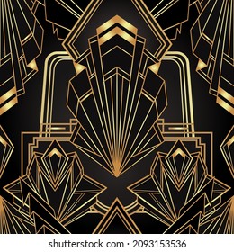 Art deco style geometric seamless pattern in black and gold. Vector illustration. Roaring 1920 s design. Jazz era inspired . 20 s. Vintage Fabric, textile, wrapping paper, wallpaper. 