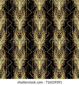 Art deco style geometric seamless pattern in black and gold. Vector illustration. Roaring 1920's design. Jazz era inspired . 20's. Vintage Fabric, textile, wrapping paper, wallpaper. Retro hand drawn.