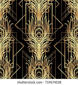 Art deco style geometric seamless pattern in black and gold. Vector illustration. Roaring 1920's design. Jazz era inspired . 20's. Vintage Fabric, textile, wrapping paper, wallpaper. Retro hand drawn.