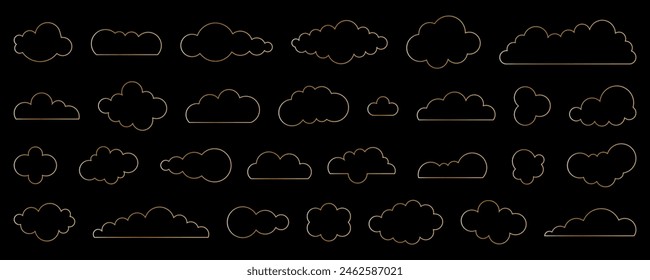 Art Deco Style Golden abstract clouds set. Luxury borders. Thin gold  line cloud of irregular shape. Collection of wedding decoration, birthday holiday invitation. Vector illustration