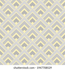 Art deco style, gray diamond shape yellow background. Seamless geometric pattern. Color trend of 2021. Textured design for fabric, tile, poster, textile, backdrop, flyer, wall. Vector illustration.