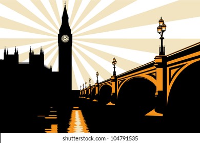 An Art Deco style illustration of Big Ben and Westminster Bridge in London.