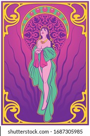 Art Deco Style Illustration Psychedelic Art Poster Woman and Halo