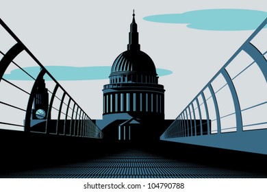 An Art Deco style illustration of St Paul's Cathedral in London as viewed from the Millennium Bridge.