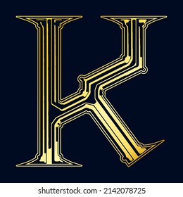 Art Deco style letter on black background.Vector art font