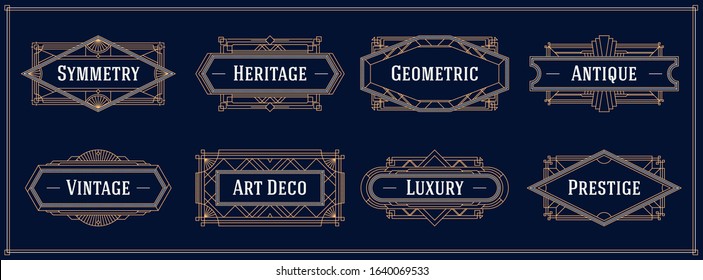 Art deco style line border and frames, decorative geometric golden label vector graphic elements on a dark background