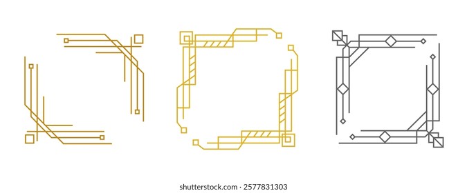 Art Deco Style Line Gold Frames Set.  Vintage Borders. Retro Decorative Minimalist Design Element Collection. Vector Illustration. Mid Century Modern Shapes