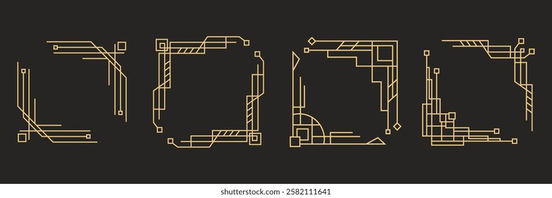 Art Deco Style Line Gold Frames Set.  Vintage Borders. Retro Decorative Minimalist Design Element Collection. Vector Illustration. Mid Century Modern Shapes