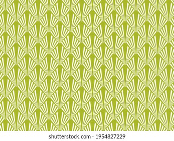 Art Deco Style Pattern Design With Fan Shaped Motifs. Chartreuse Green Retro Stylized Diamond Shape Seamless Patten Repeat.