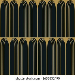 Diseño Art Déco con formas abstractas doradas sobre fondo negro. patrón vectorial transparente.