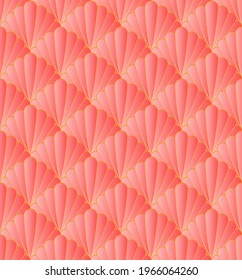 Art Deco Style Pattern Repeat With Seashells Motifs In Coral Pink And Golden Metallic Outlines. Coral Pink Floral Seamless Patten For Wallpaper, Textiles, Fabric, Home Décor.