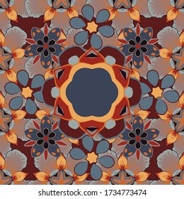 De estilo Art Deco. Pos de polka, confeti. Luminoso fondo gris, marrón y rosa. Ilustración vectorial. Patrón inmaculado con elementos geométricos modernos abstractos.